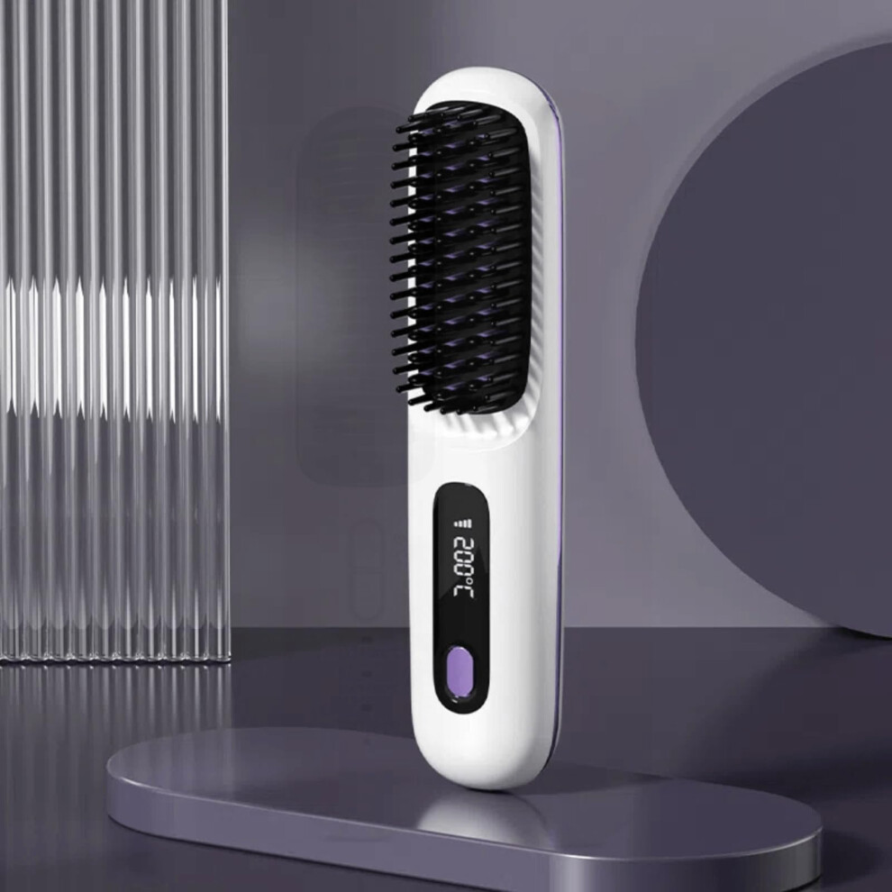 White Cordless Hair Straightener Brush With Fast Heating Ionic Comb And Temperature Display For Travel