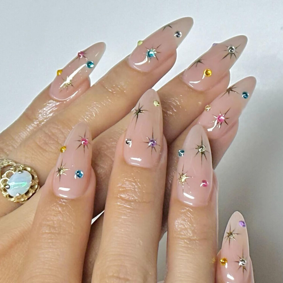 Almond Press On Nails Nude Pink Chrome Fake Nails with Rhinestones Glitter Full Cover Manicure Kit
