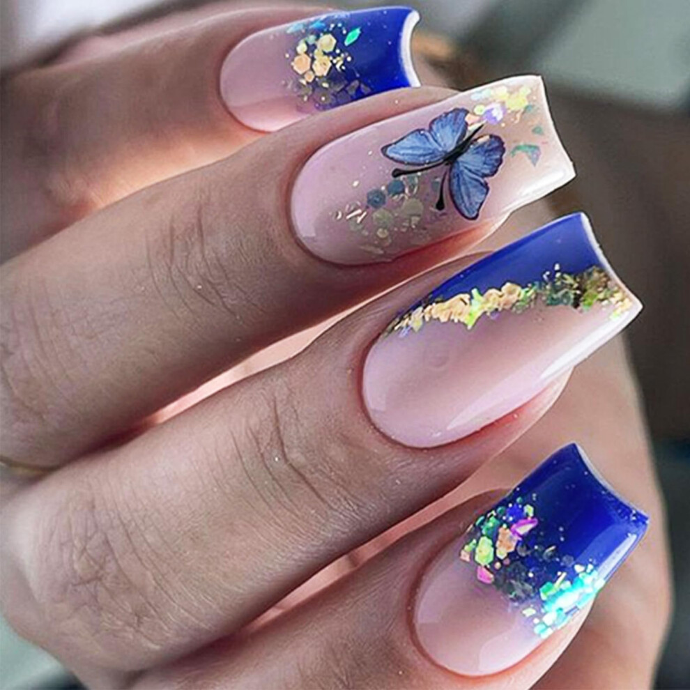 Blue 24Pcs Dark Gradient Butterfly Coffin Press On Nails With Glue, Medium Glitter Fake Nails Set For Women