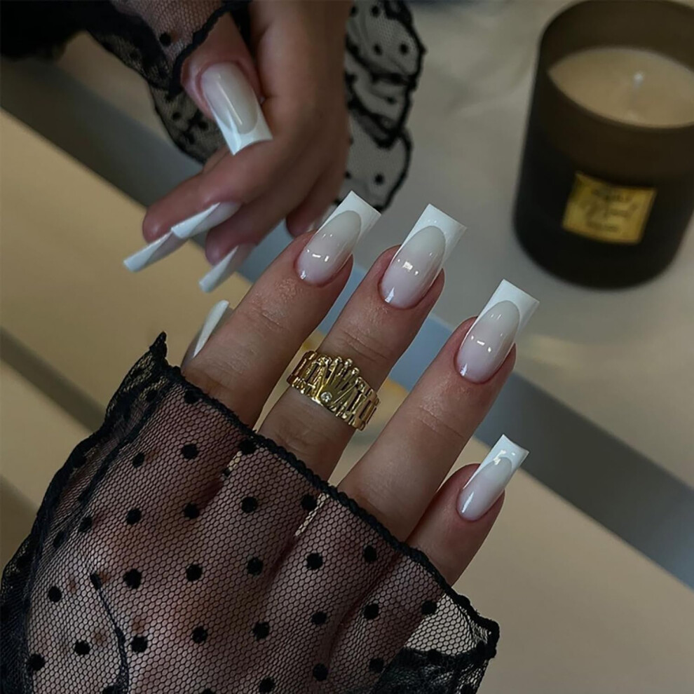 White Gradient Press On Nails 24Pcs Medium Coffin French Style Reusable Glossy Finish