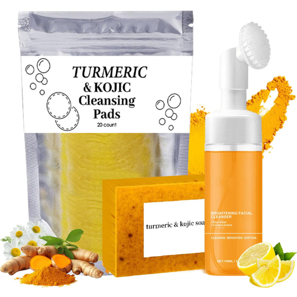 Turmeric Face Wash and Soap Set with Facial Cleansing Pads, Deep Pore Cleansing Hydrating Skincare