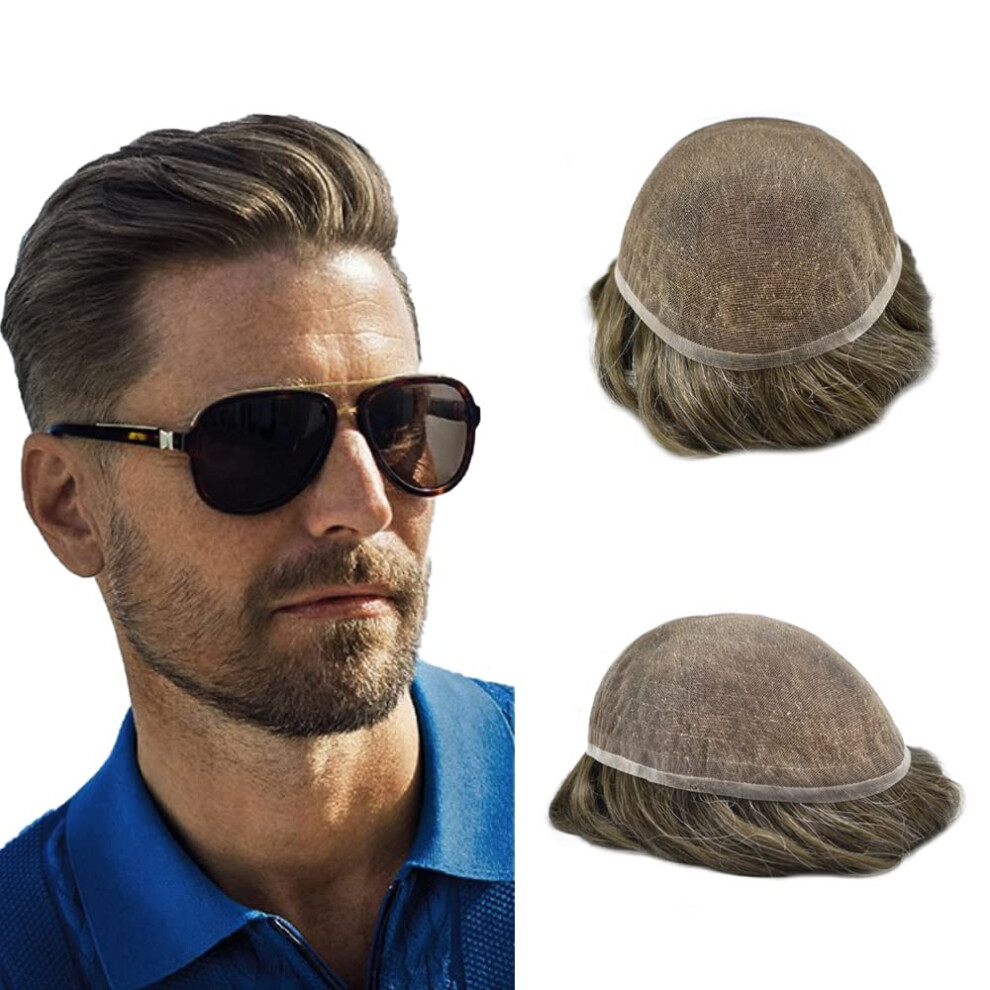 Unisex Brown,Grey Men's Toupee Swiss Lace Human Hair Hairpiece Natural Lace Hairline 100% Remy Medium Brown Grey 7X9