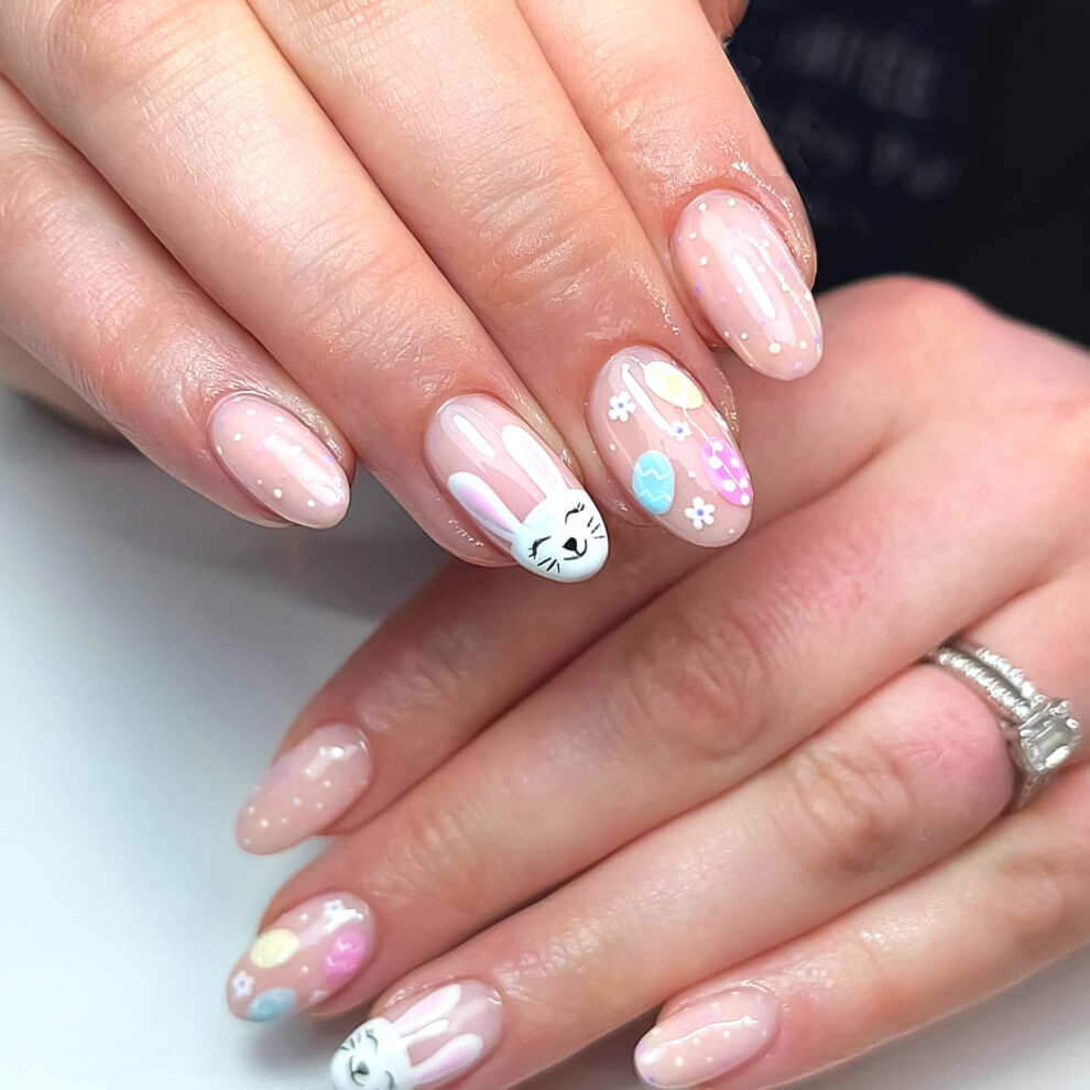 Cream Easter Press On Nails Short Almond French Nude Fake Nails With Cute Rabbit Egg Design, 24Pcs Reusable Set