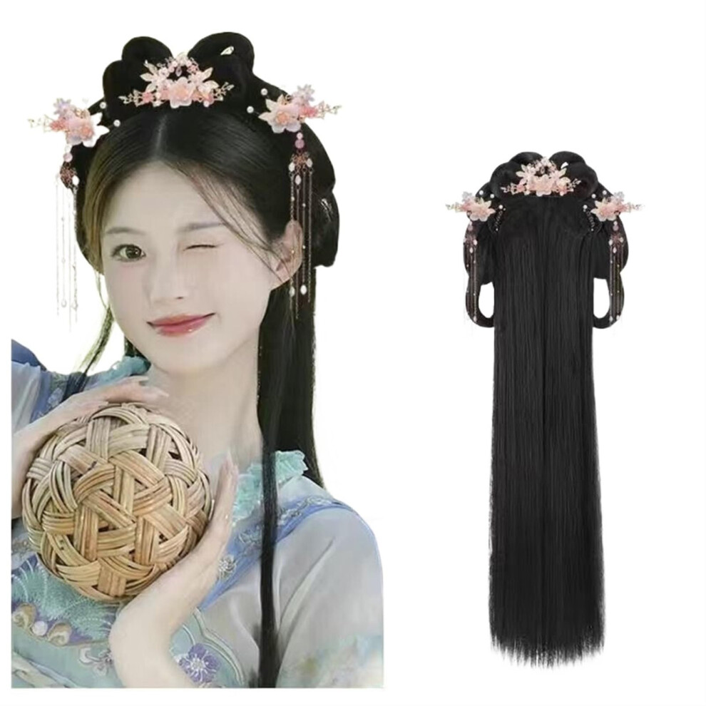 Unisex Black Chinese Style Wig With Geisha Bun, Adjustable Natural Hanfu Cosplay Hairpiece For Dance