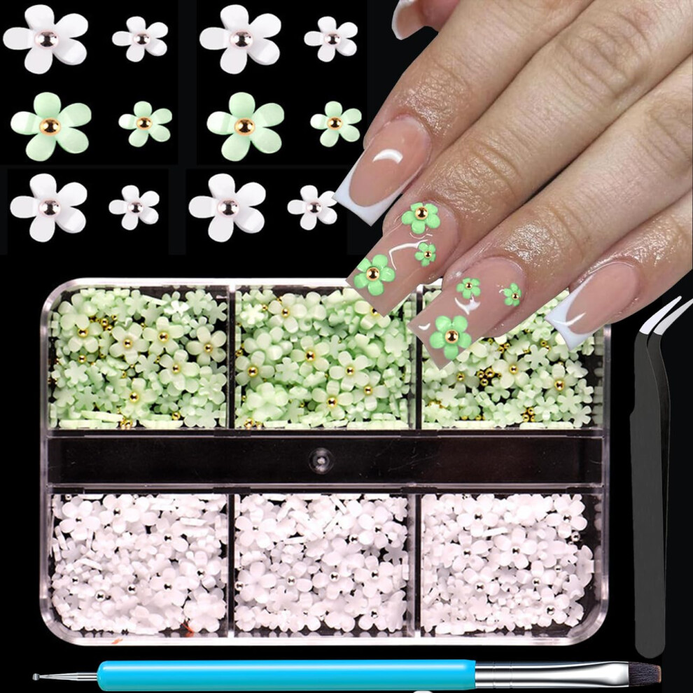 White/Light/Green 3D Flower Nail Charms And Acrylic With Rhinestones And Pearls For Diy Manicure