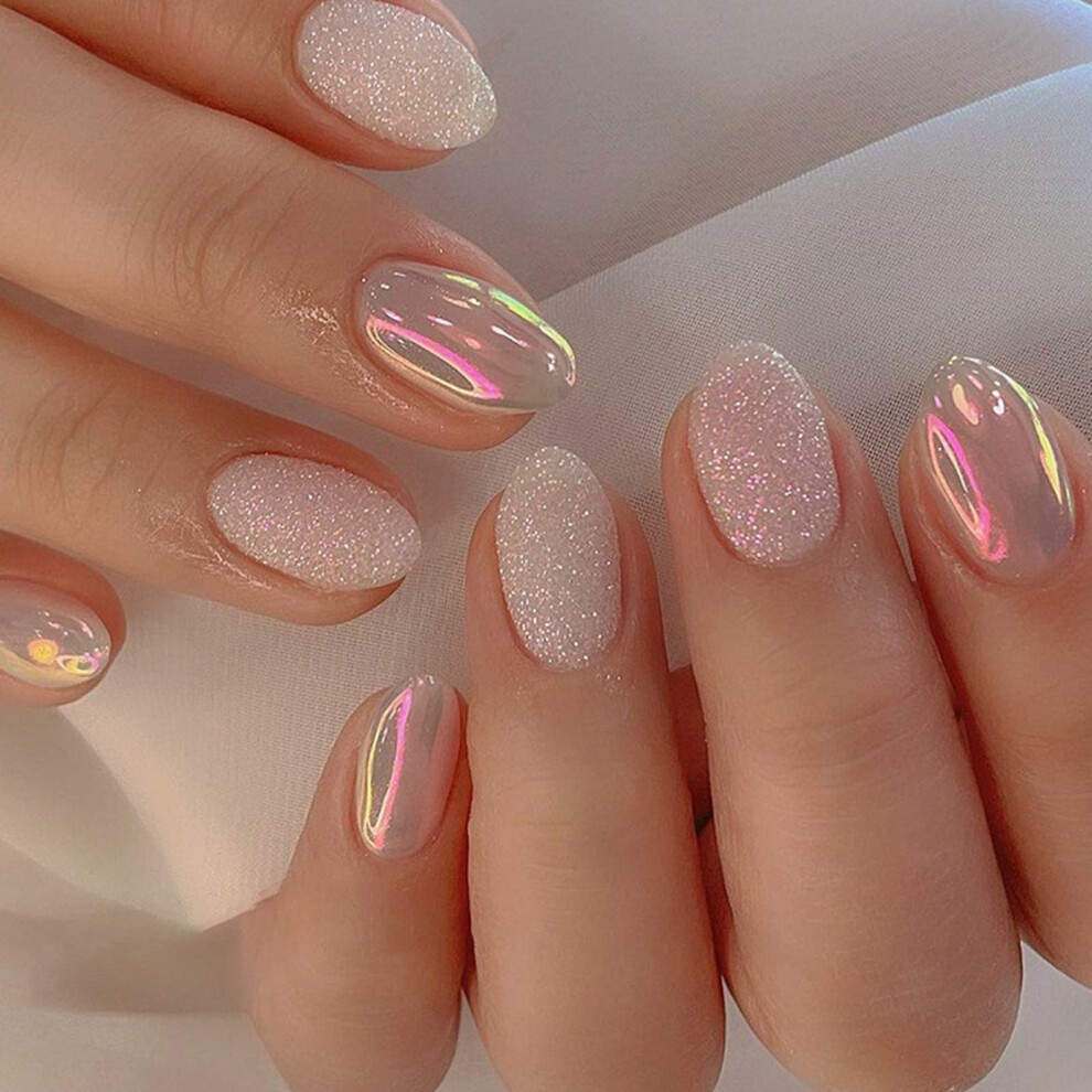 Pink Short Oval Glitter Press On Nails Set 24Pcs Reusable Acrylic Fake Nails With Easy Glue