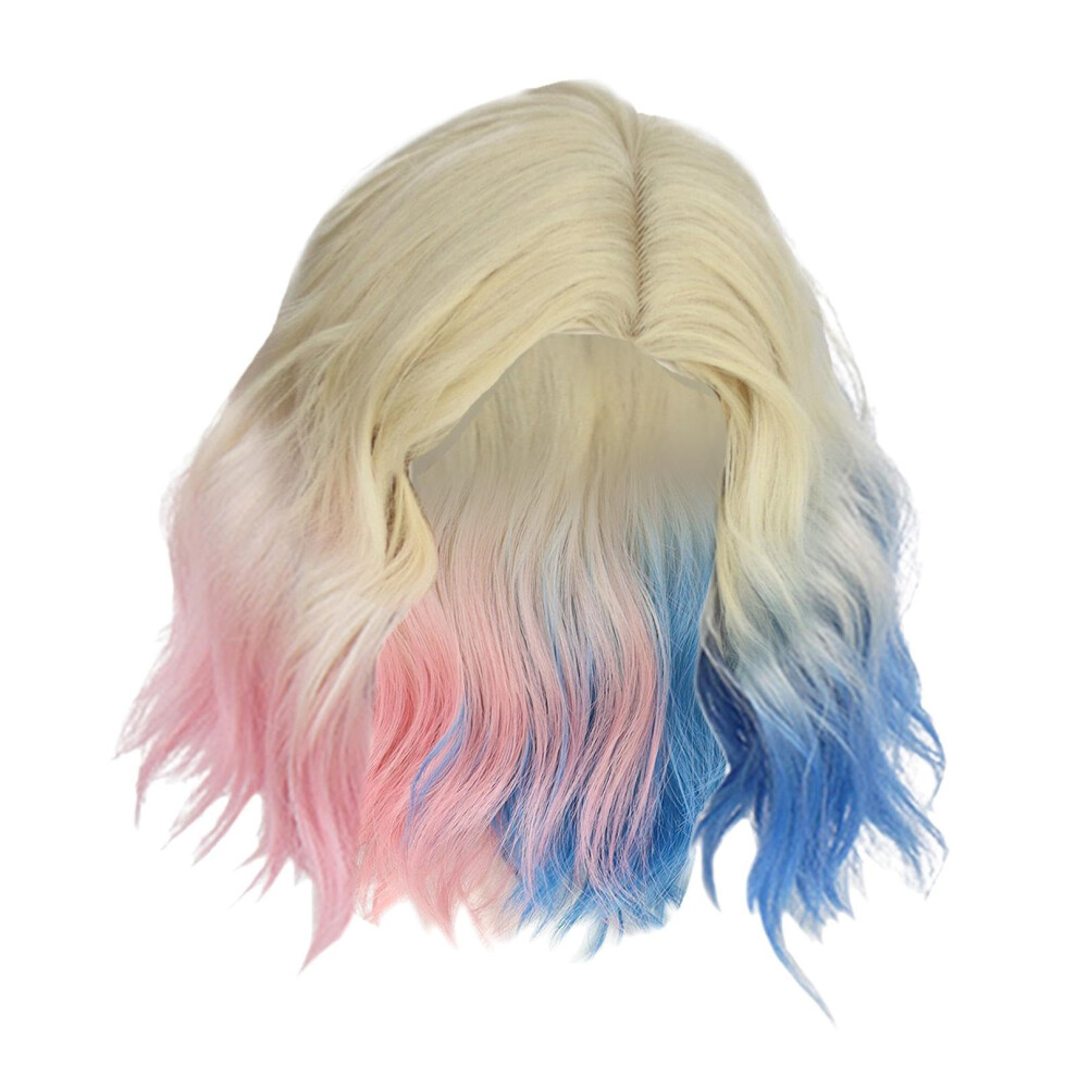 Unisex Blue,Pink Cosplay Wig Pink Blue Ombre Short Wavy Bob, Realistic Anime Gradient, Heat Resistant, Style B