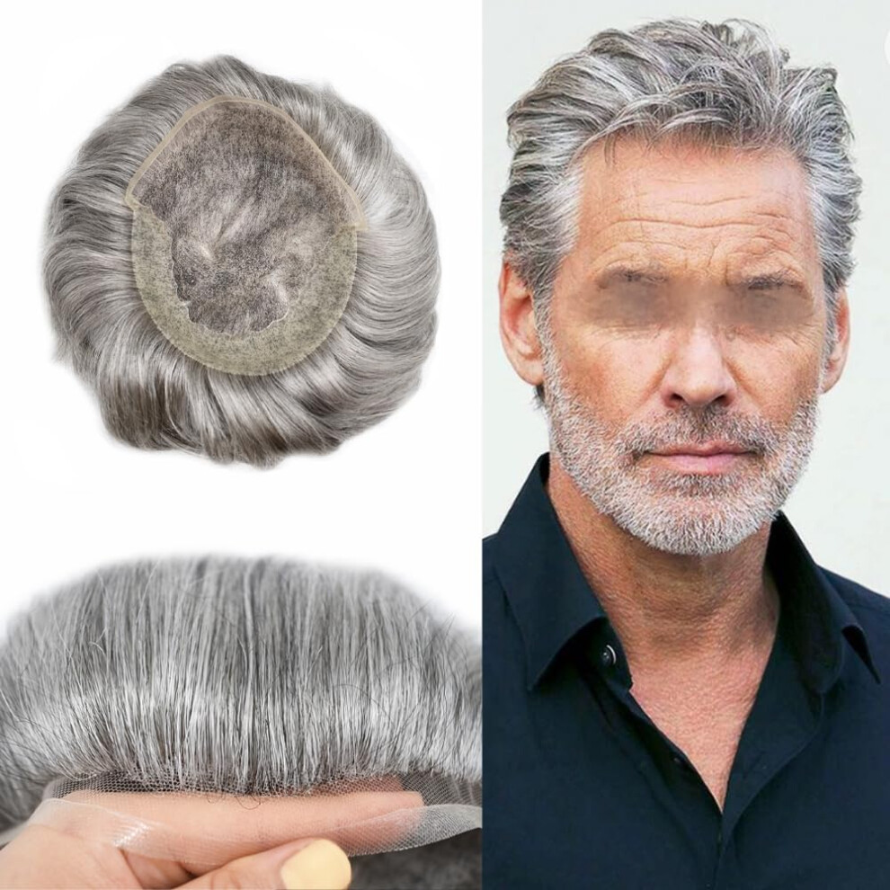 Unisex Grey Men's Toupee Human Hair Lace Front Hairpiece Natural Hairline 8X10 120% Density