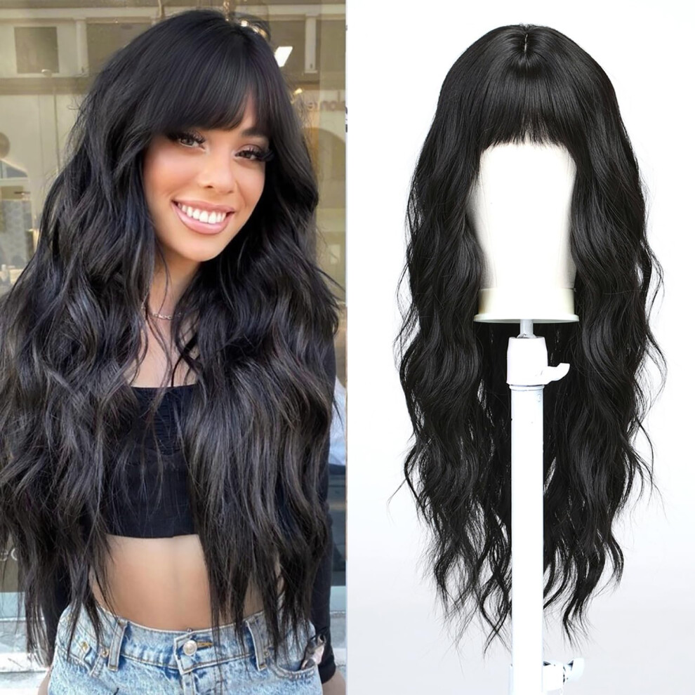 26 Inch Black Curly Wig with Bangs for Women, Heat Resistant Synthetic Long Wavy Hair