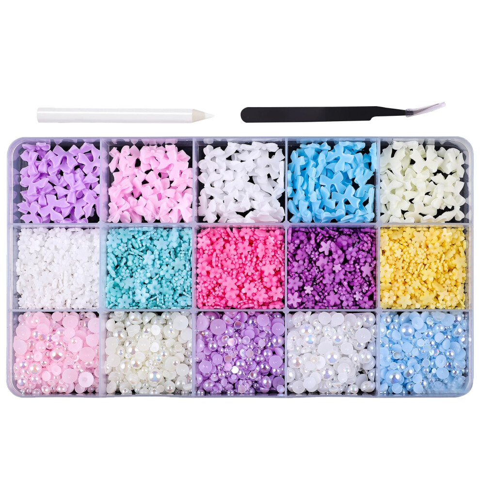 3D Nail Art Decorations with Pearl Bow and Flower Charms for Acrylic Nails and DIY Manicure