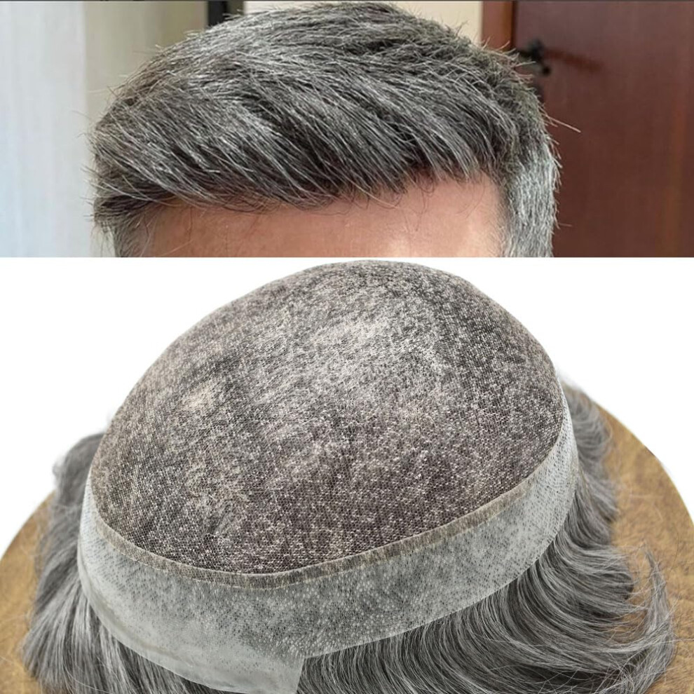 Unisex Black,Grey Men's Toupee Swiss Lace Human Hair With Pu Perimeter, Invisible Hairline, 8X10 Off Black Grey