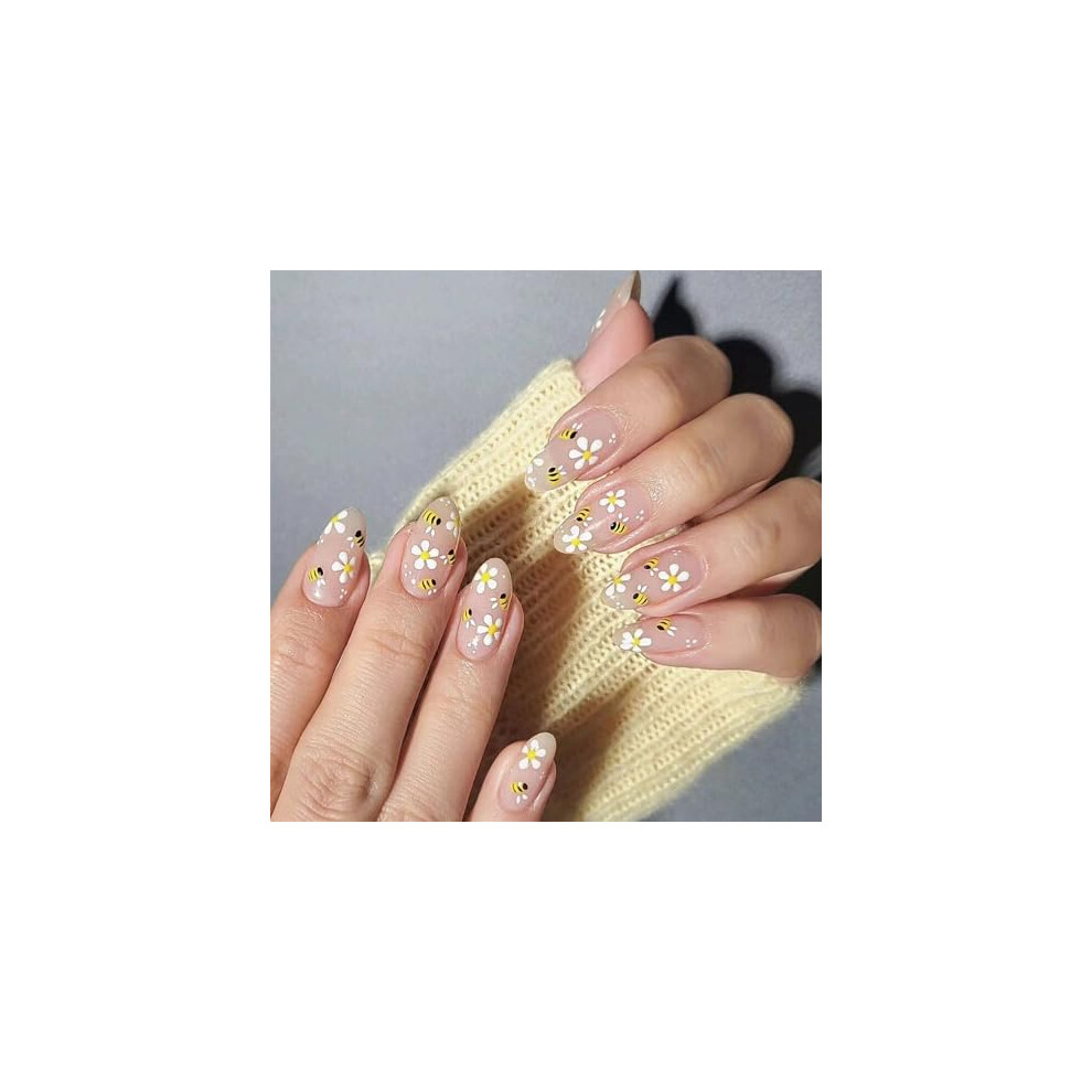 Medium Almond Press On Nails Spring Floral Bee Design Glossy Fake Nails ReadytoWear Manicure 24pcs