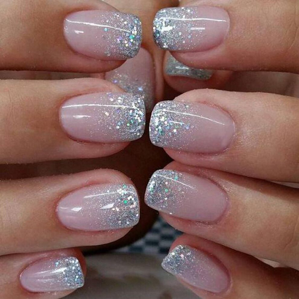 Silver Gradient French Press on Nails Kit 24pcs Short Medium Square Reusable with Glue and File