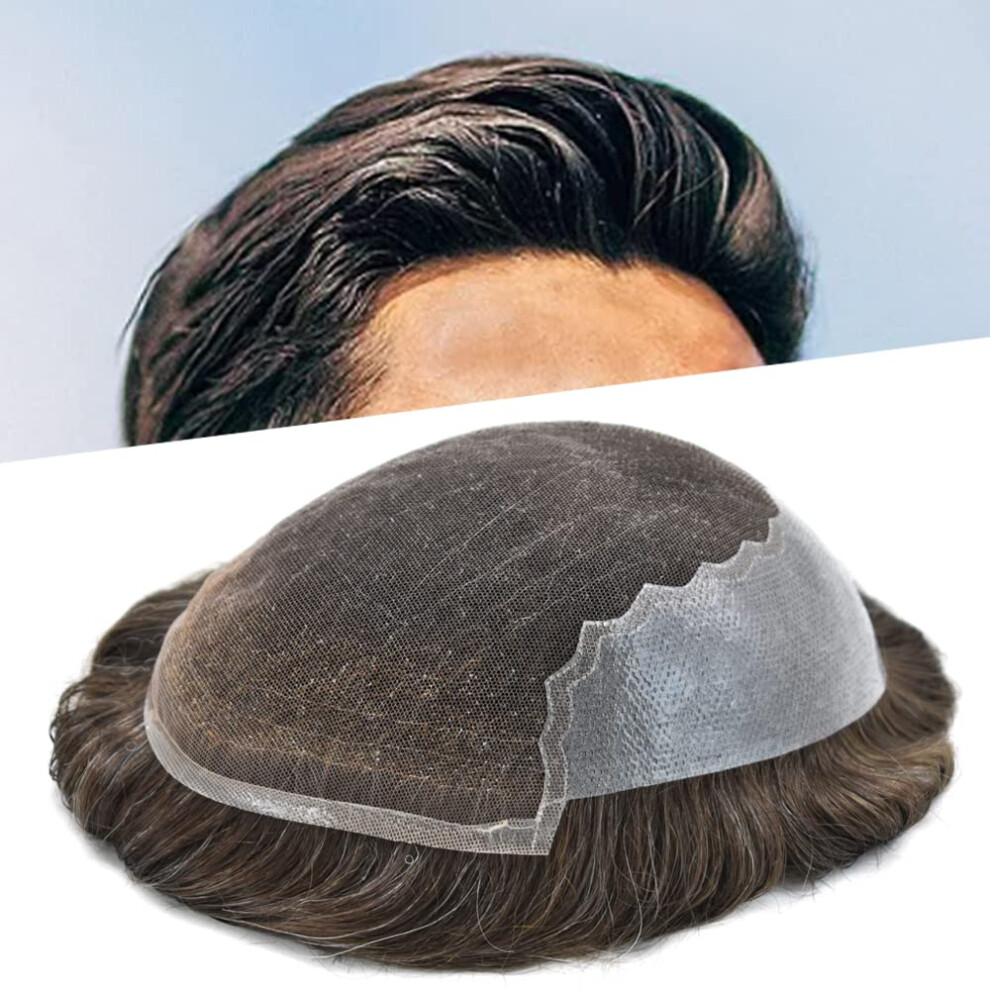 Unisex Brown,Grey Mens Toupee Human Hair System 7X9 Lace Front 120% Density European Dark Brown With Grey Natural Hairline Design