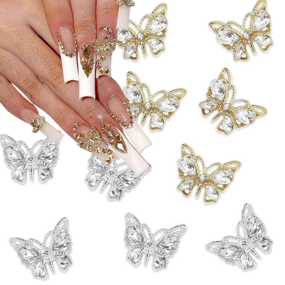 Silver 10Pcs Butterfly Nail Charms 3D Rhinestone Alloy Decorations For Acrylic Nails Jewelry