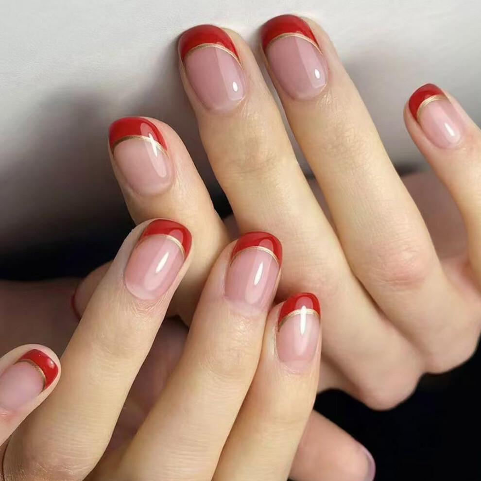 Press On Nails Short Oval French Tip Glossy Full Cover Acrylic Look False Nails Set