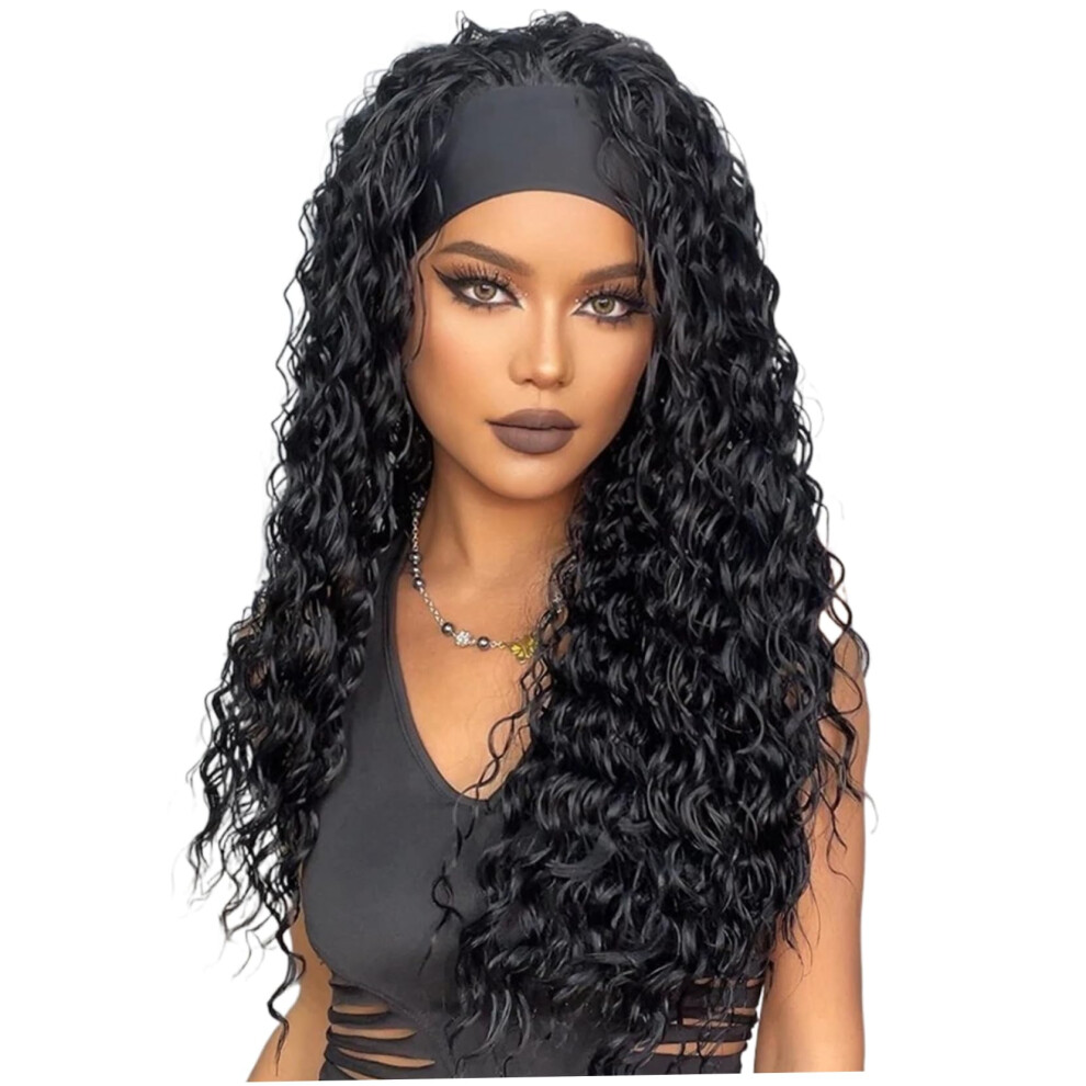 Unisex Black Headband Wig For Women Long Curly Glueless Style With Natural Hairline And Adjustable Band