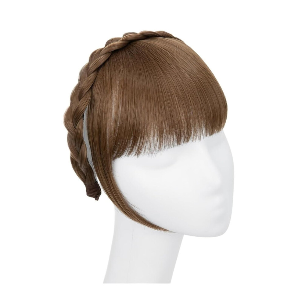 Unisex Brown Bangs Wig With Hairband Clip, Medium Ash Synthetic Fringe Hairpiece For Women, Natural Looking