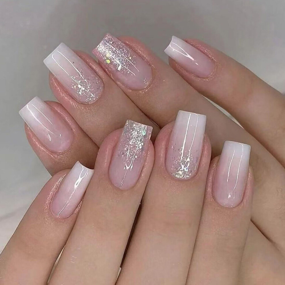 Square Press On Nails with Glitter French Acrylic Fake Nails for Women Instant Salon Finish