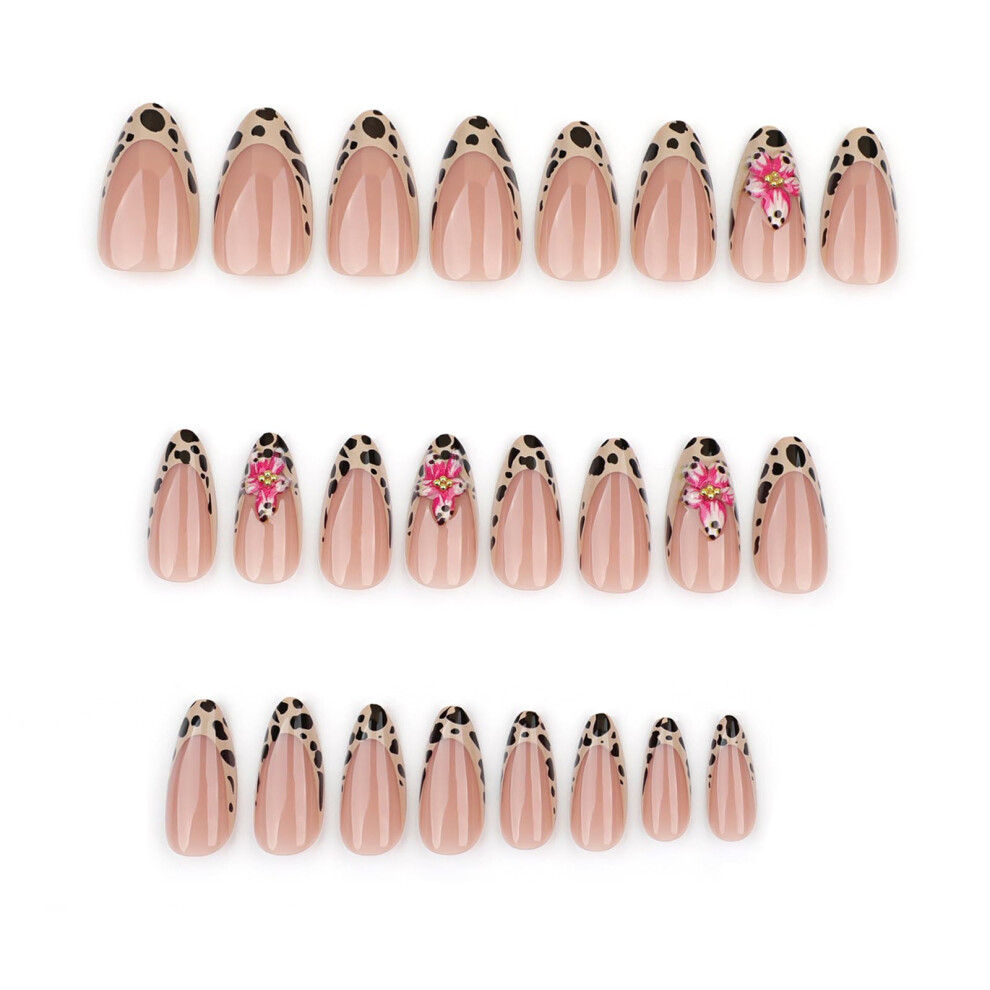 Short Almond Press On Nails 24pcs Leopard Print French Tips Fake Nails for Instant Salon Look
