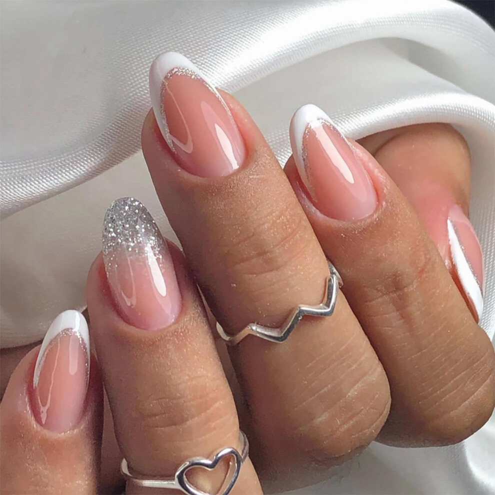 White Medium Almond Press On Nails French Tip 24Pcs Fake Nails With Glue Salon Look