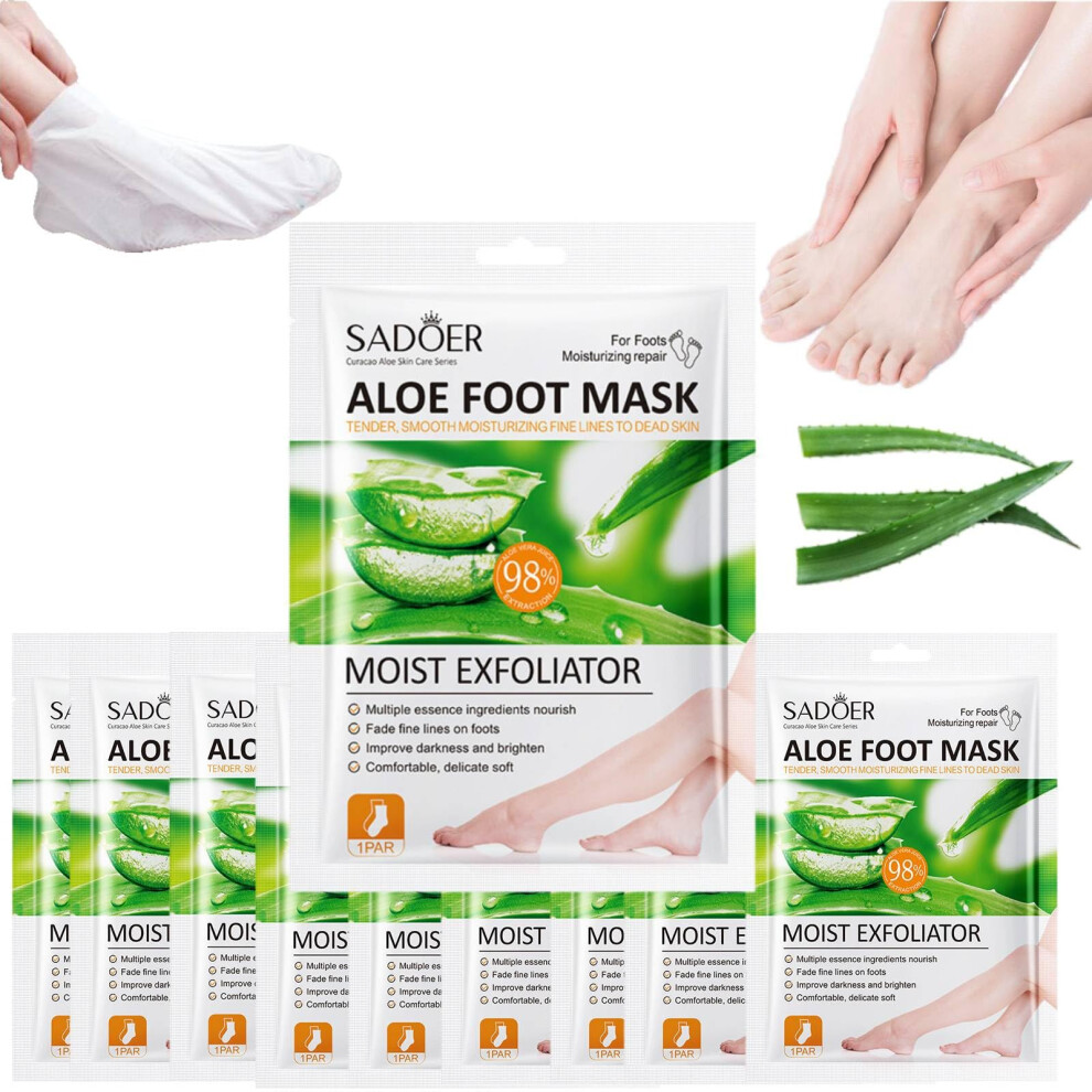 Foot Peel Mask with Aloe Vera for Cracked Heels, Deep Hydration Moisturizing Socks, 10 Pairs