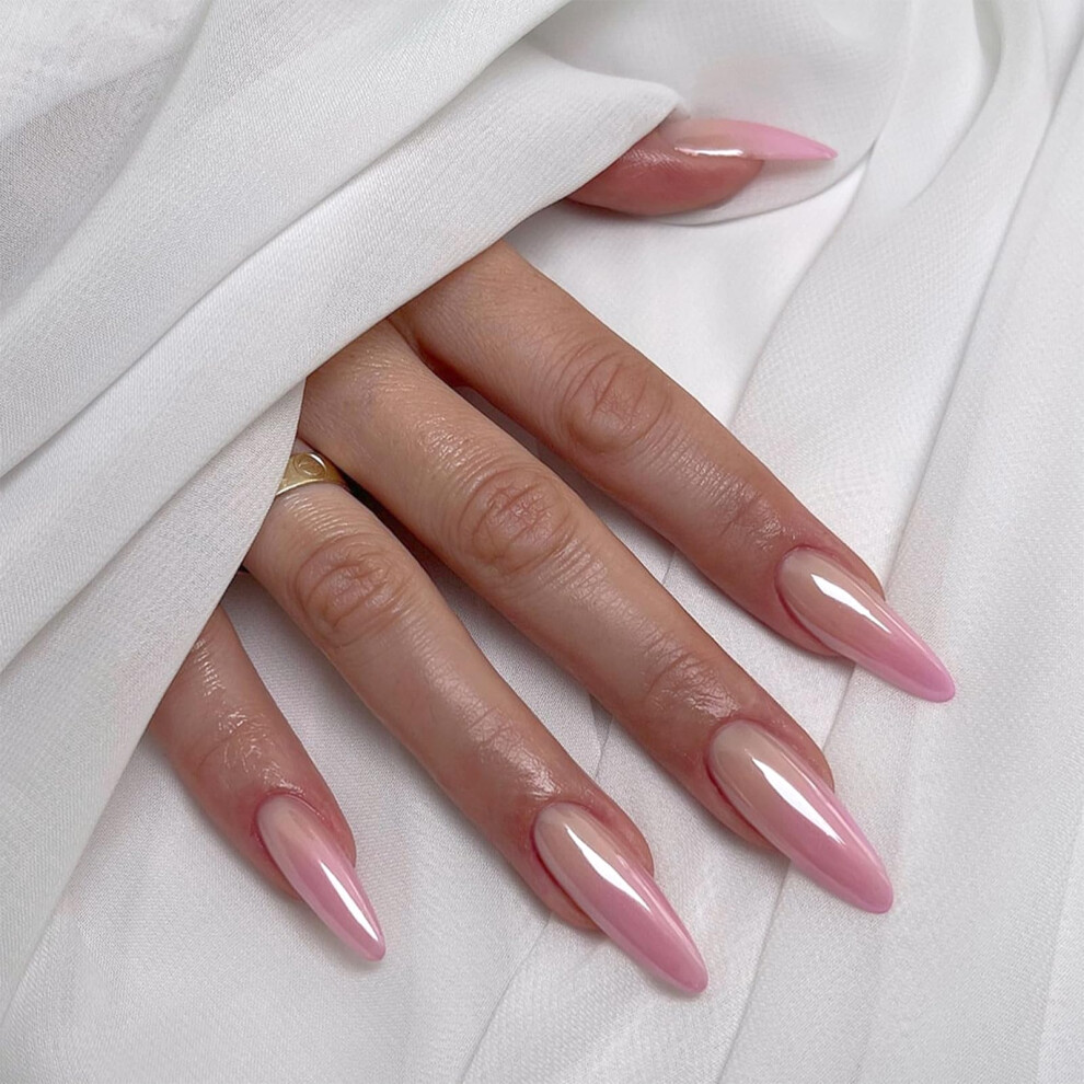 Gradient Pink Long Stiletto Press On Nails, 24 Pcs Glossy Almond Fake Nails with Multiple Sizes