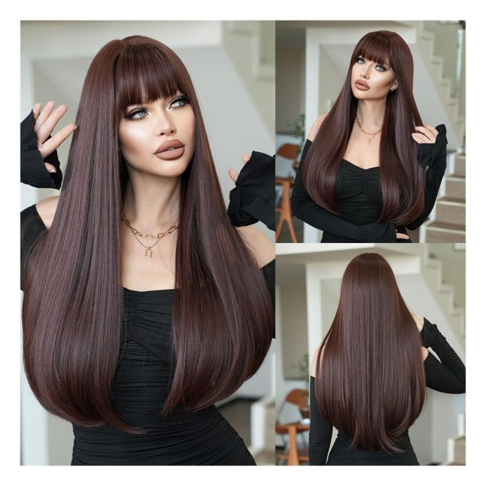 Long Straight Human Hair Wig with Bangs Natural Black or Mocha Brown Adjustable Comfort Cap for Women