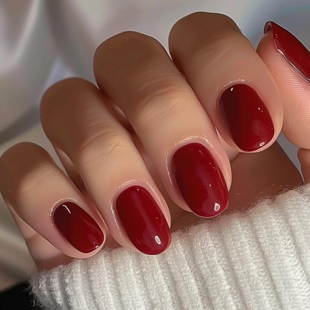 Red Short Round Press On Nails Wine Acrylic Fake Nails With Glue Reusable Salonstyle Manicure
