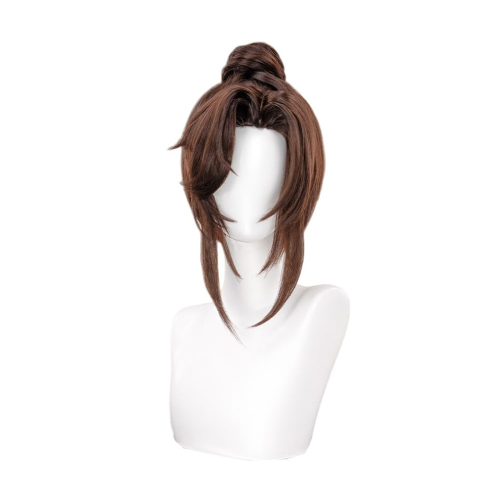 Unisex Brown Short Cosplay Wig For Men With Bun, Heat Resistant Synthetic Hair, Anime Game Costume