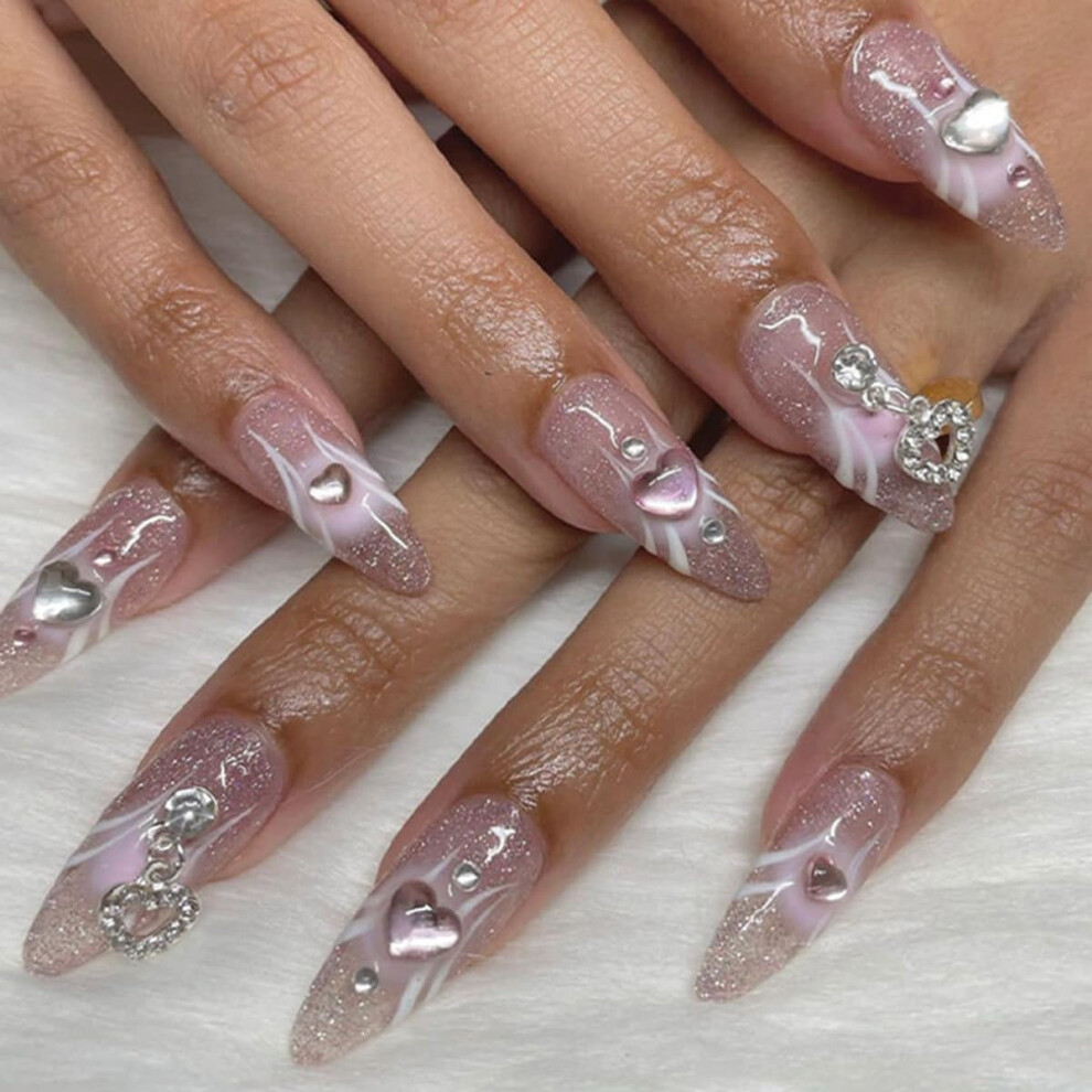 Pink Ombre Short Almond Press On Nails Set 24Pcs Glitter French Tip Fake Nails With Kit