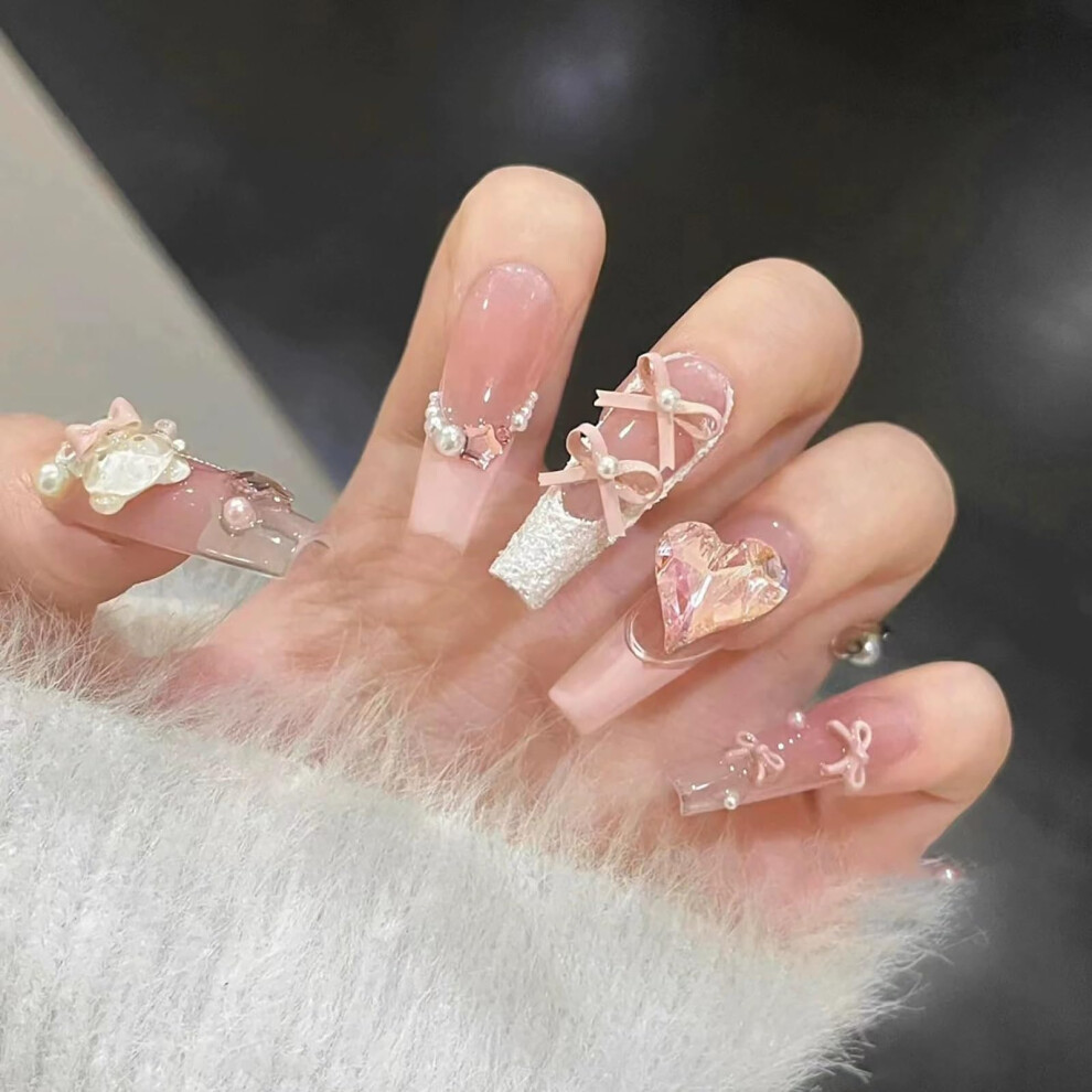 Handmade French Style Press On Nails with Heart Bear and Ribbon Bow â Cute Fake Nails XSmall
