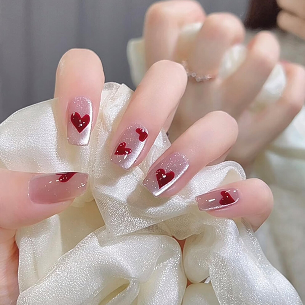 Valentine's Day Press On Nails with Romantic Red Heart Design Full False Nail Tips for Easy Application