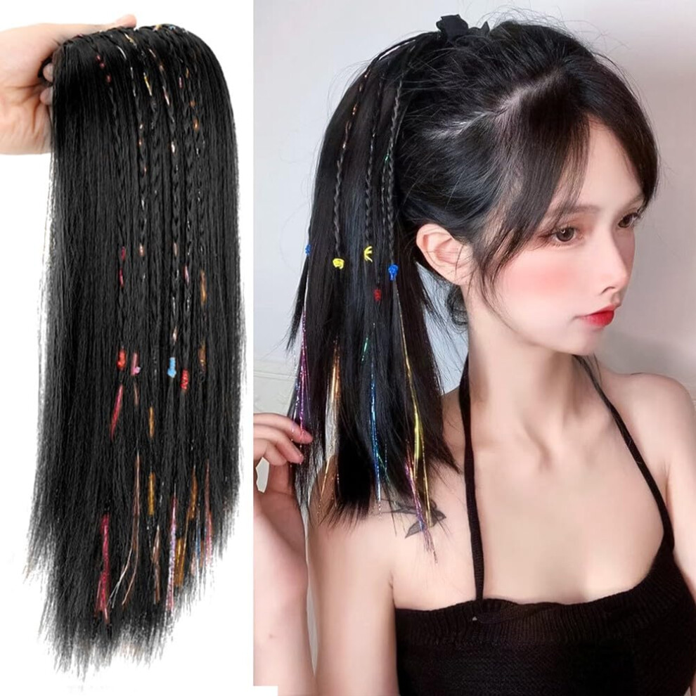 Dark Black Synthetic Ponytail Hairpiece Short Straight Braided Extension with Secure Strap