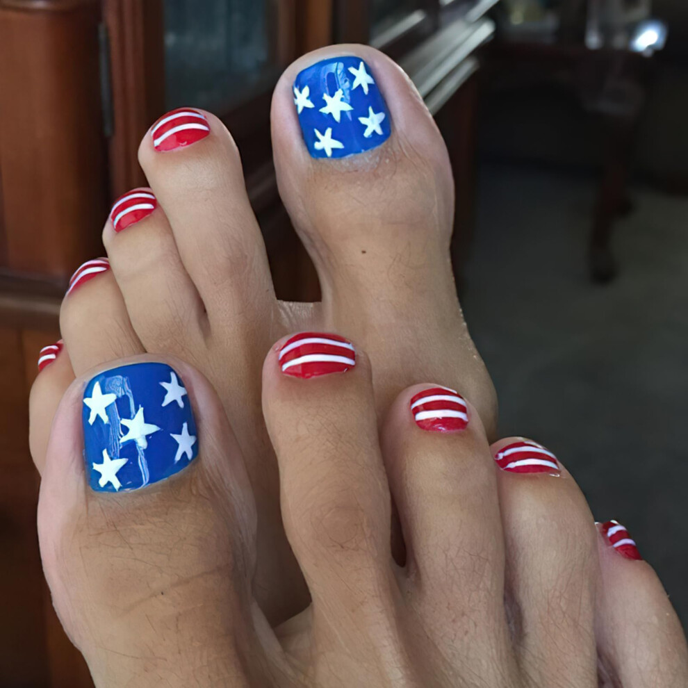 Blue,White,Red 4Th Of July Press On Toenails Red White Blue Patriotic Fake Toenails For Women Reusable 24Pcs