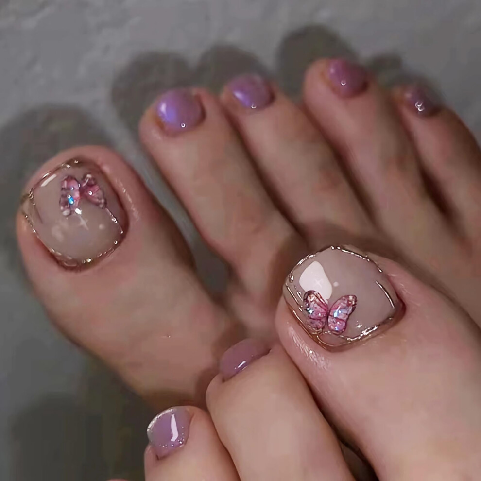 Pink,Cream Nude Pink Press On Toenails Short Acrylic Fake Toenails Glossy Full Cover For Women 24Pcs