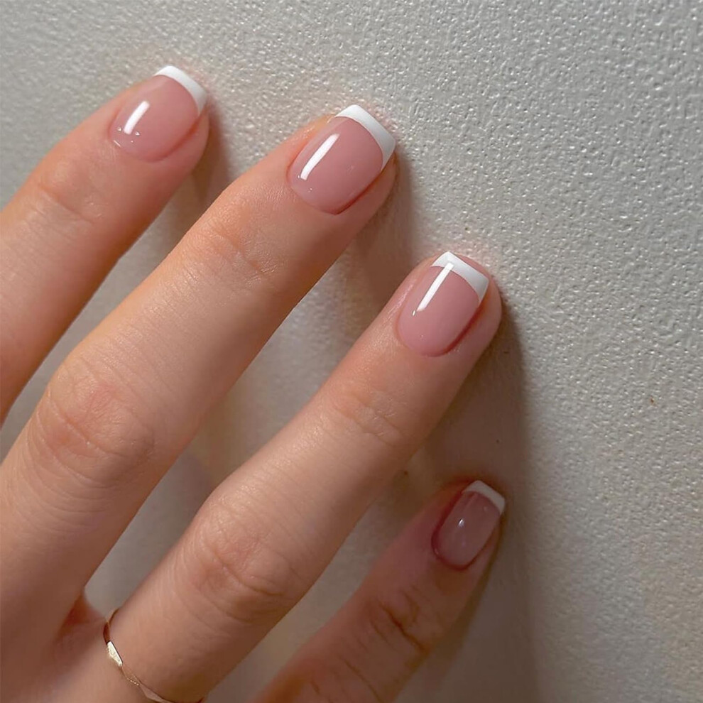 French Tip Press On Nails Short Square Fake Nails with Designs Reusable Glue On Nails for Women 24pcs