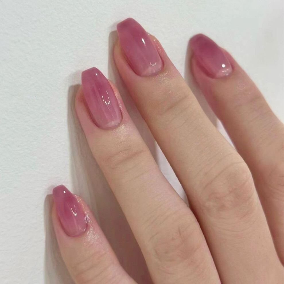 Pink 24Pcs Short Coffin Gradient Glossy Press On Nails With Glitter Design Fake Acrylic Nails