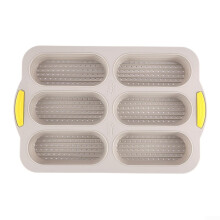 6 Cavity Silicone Baking Pan for Hot Dog Buns NonStick Tray for Easy Cleanup Brown