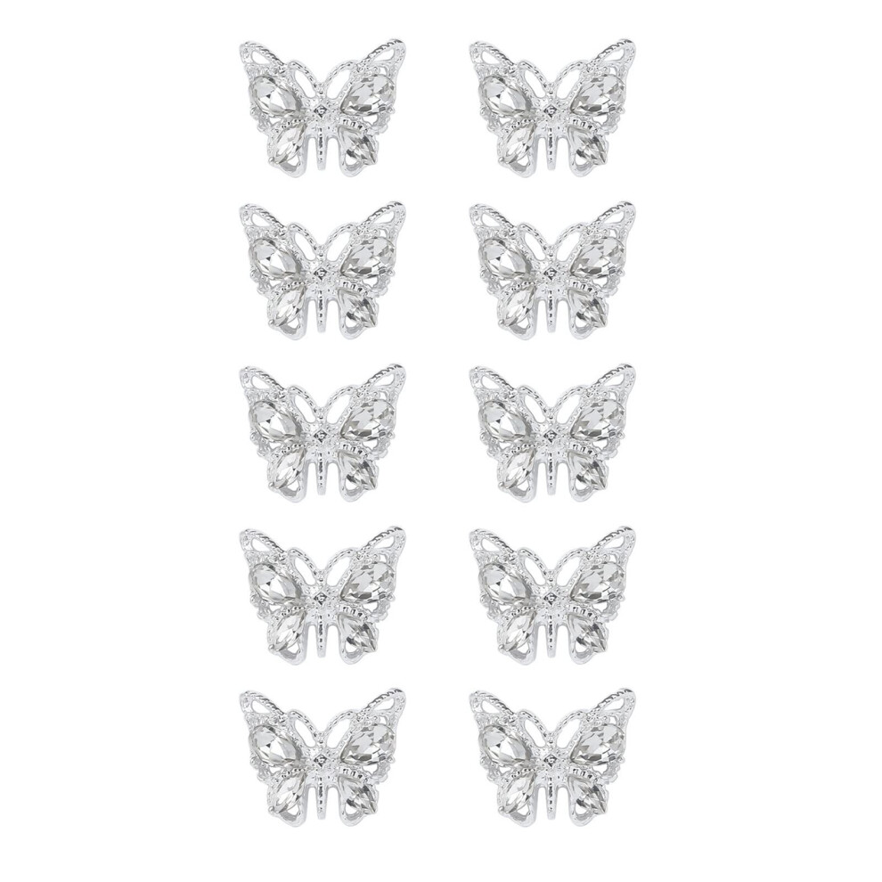 Silver 10Pcs Butterfly Nail Decorations Alloy Charms With Crystal Rhinestones For Press On Nails
