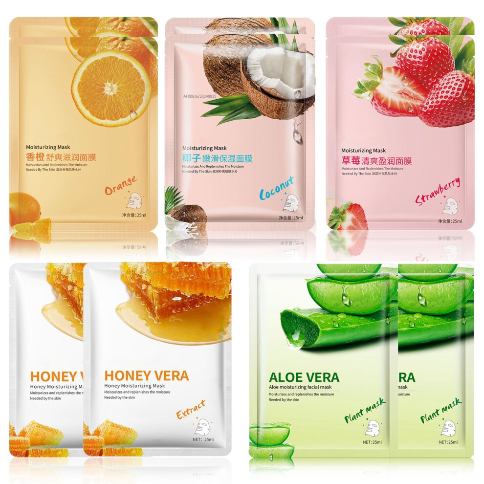Face Sheet Mask Set 10 Pack with Collagen and Hyaluronic Acid for Deep Hydration and Radiance Boost