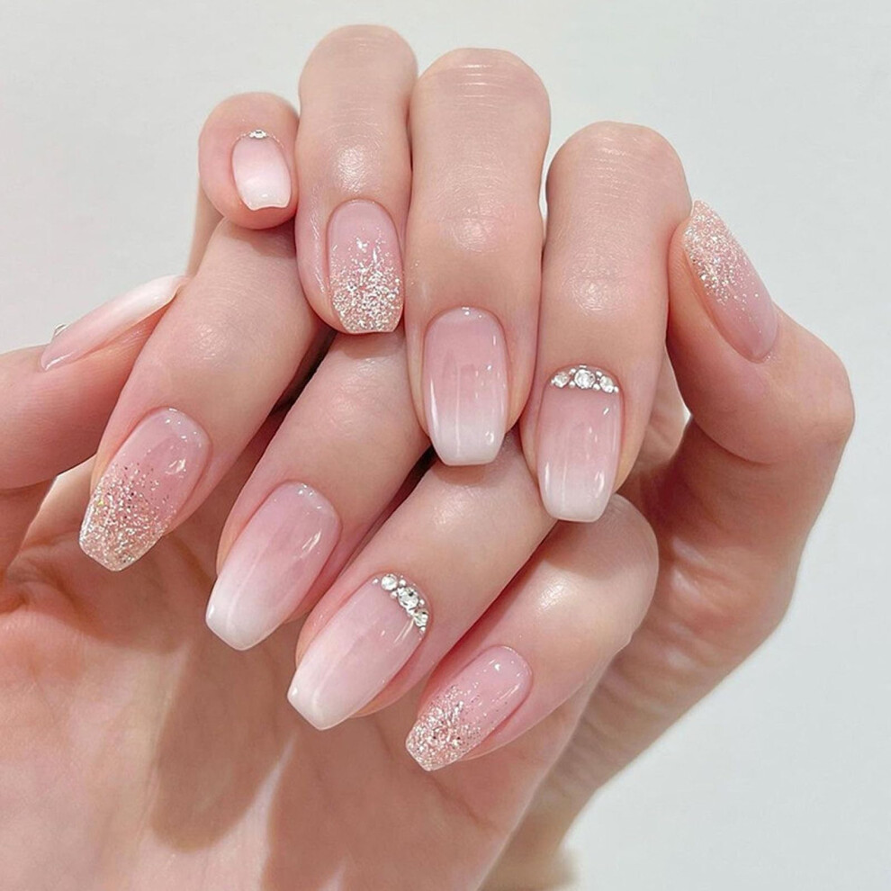 Pink,Cream Pink Coffin Press On Nails With Rhinestones, Medium Gradient Fake Nails, Glossy Nude For Women