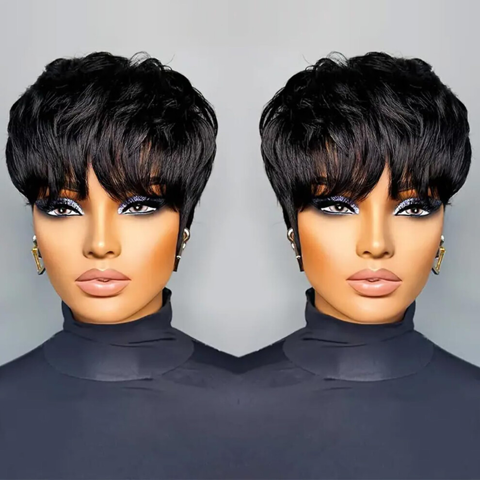 Unisex Black Pixie Cut Human Hair Wig Glueless Short Layered Bob For Women Natural Texture