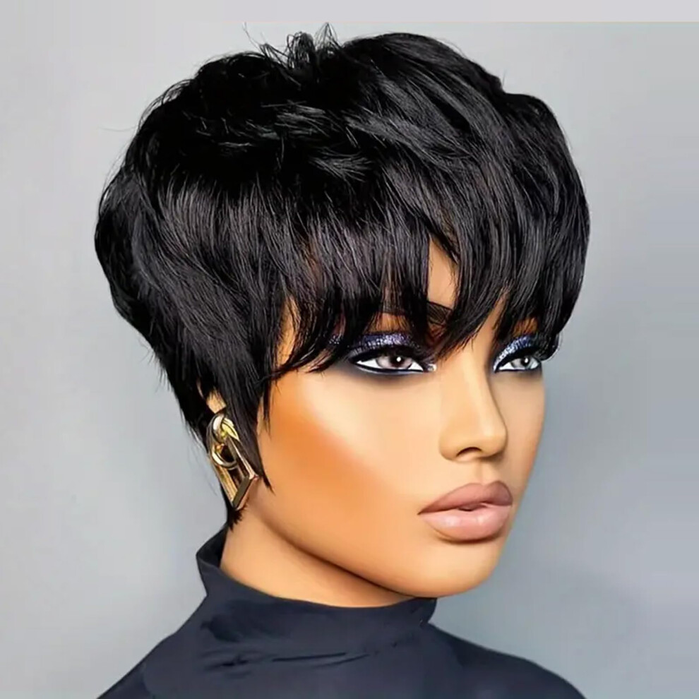 Unisex Black Pixie Cut Wig For Women Short Layered With Bangs Brazilian Virgin Human Hair Natural