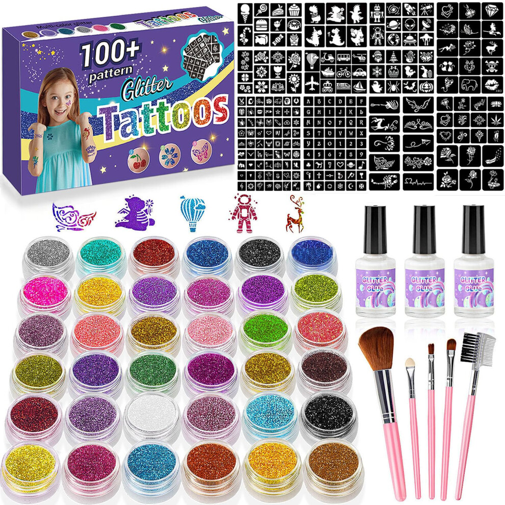 Temporary Glitter Tattoos Kit with 36 Colors and 222 Stencils for Kids and Adults Birthday Party