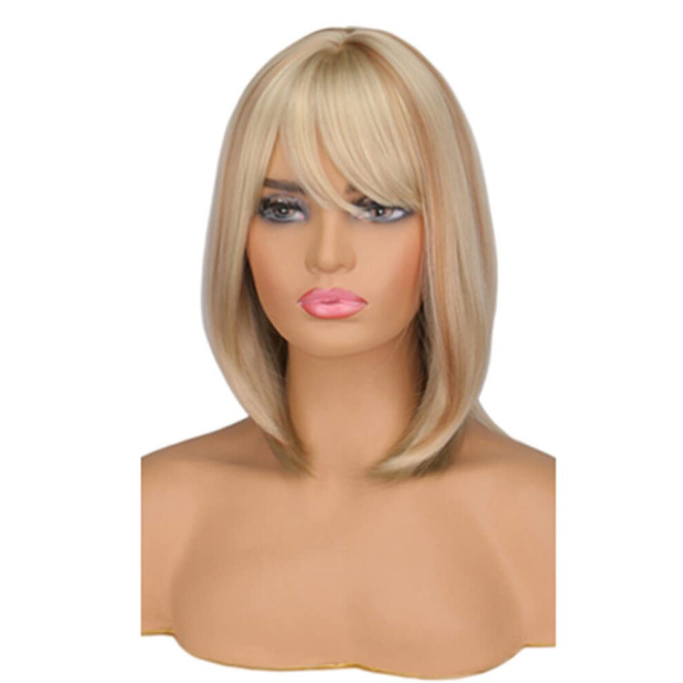 Short Bob Wig Brown Blonde with Bangs Heat Resistant Synthetic Wigs for Women Adjustable Cap