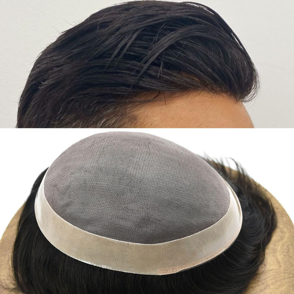 Unisex Black Mens Toupee 100% Human Hairpiece With Fine Mono Base Poly Perimeter Natural Hairline 6X9 Jet