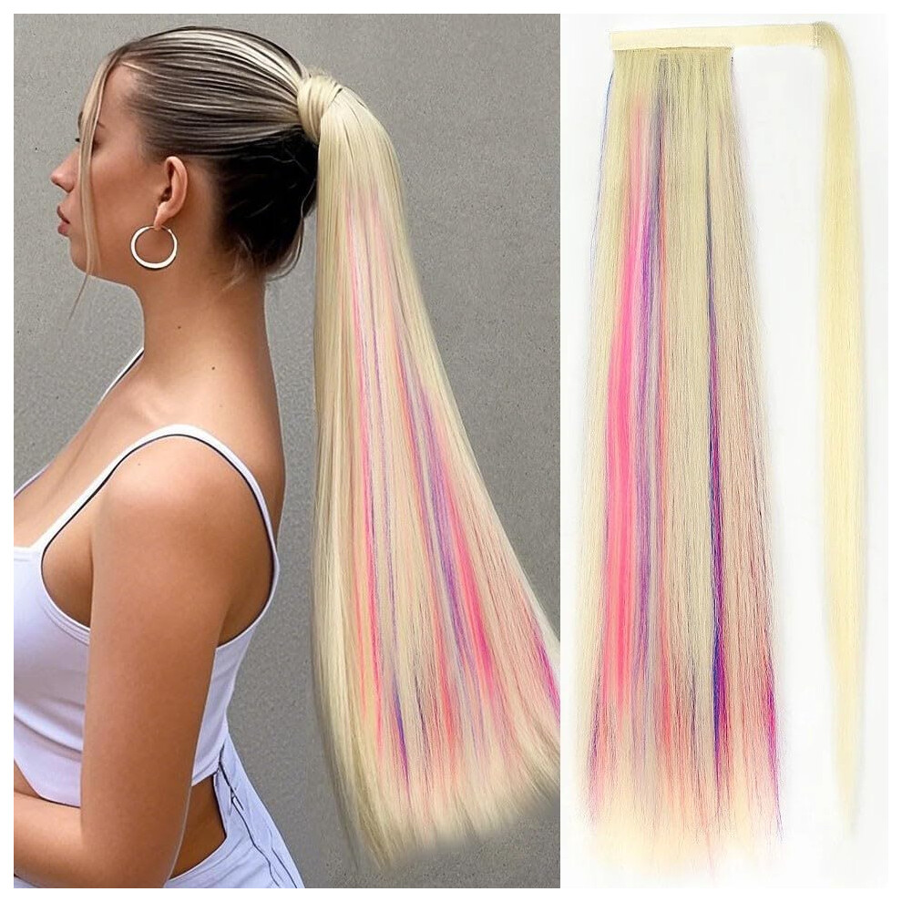 Unisex 70Cm Blonde Highlight Straight Ponytail Hair Extension Synthetic Wrap Around Hairpiece For Women