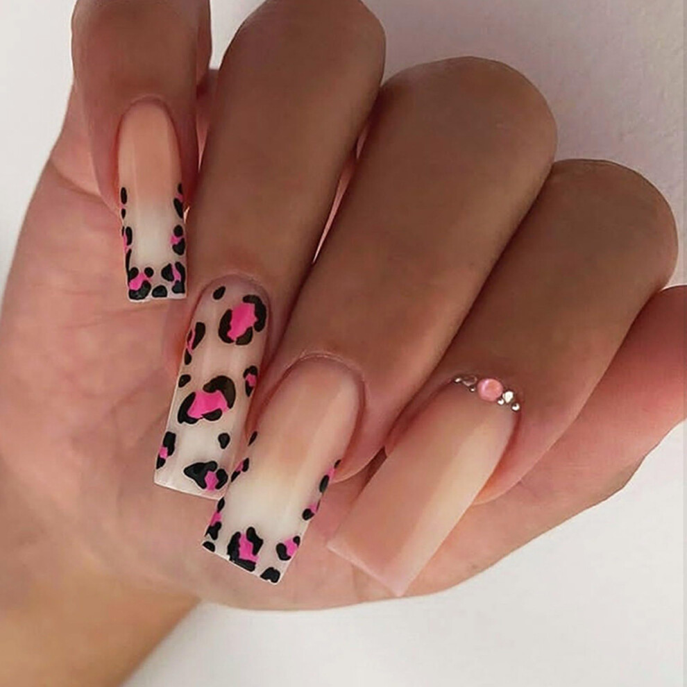 Press On Nails Coffin Fake Nails Glossy Rhinestone Acrylic Full Cover Glue On Nails 24Pcs