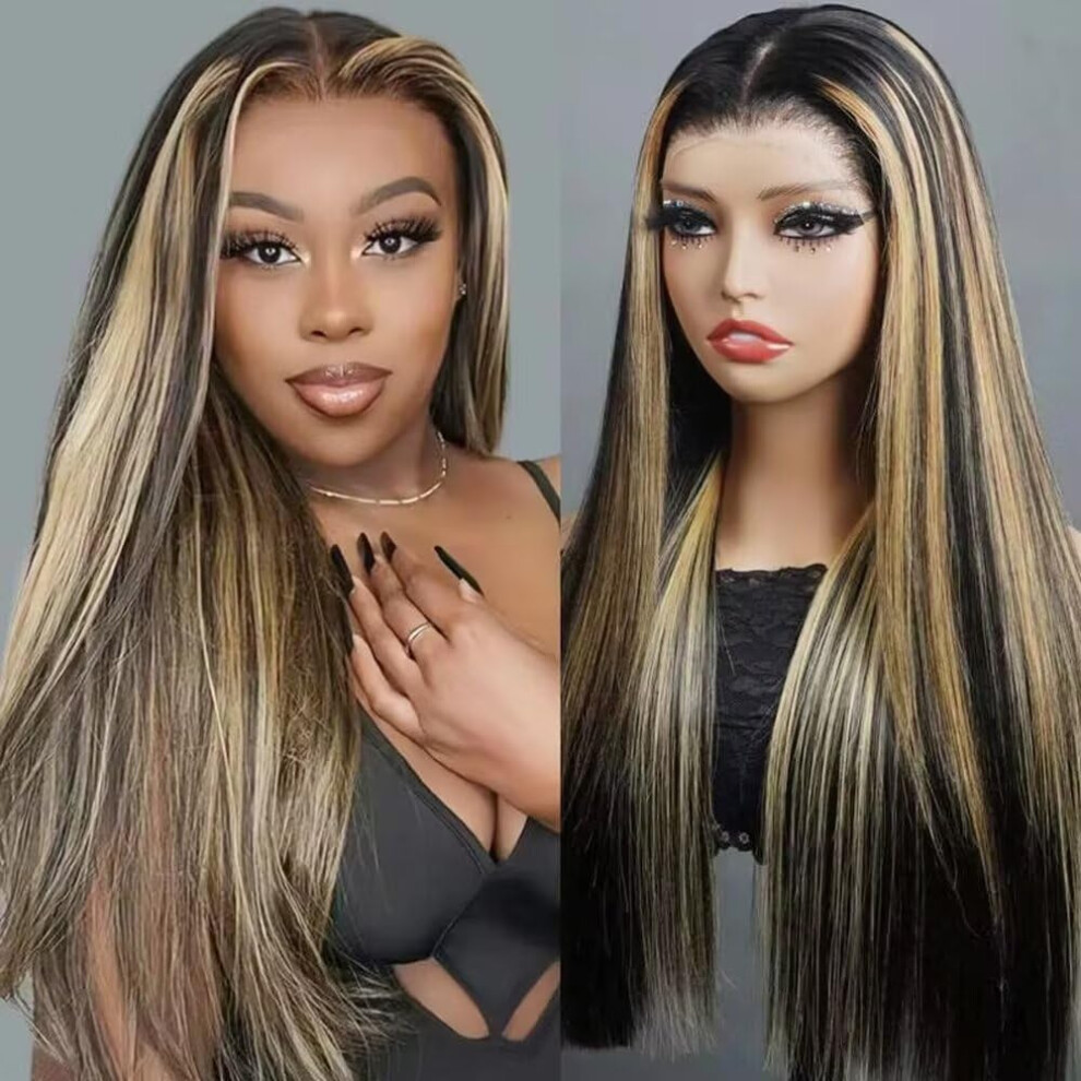 Unisex Human Hair Lace Front Wig Ombre 1B27 Brazilian Straight Remy 20 Inch Pre Plucked Bleached Knots